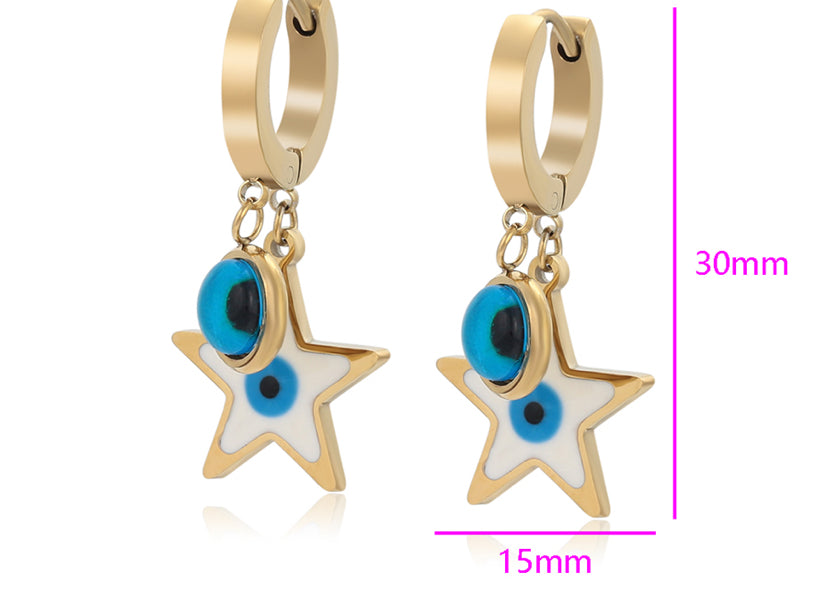 Bonitos aretes de ojo turco en acero inoxidable y baño de oro 14 k